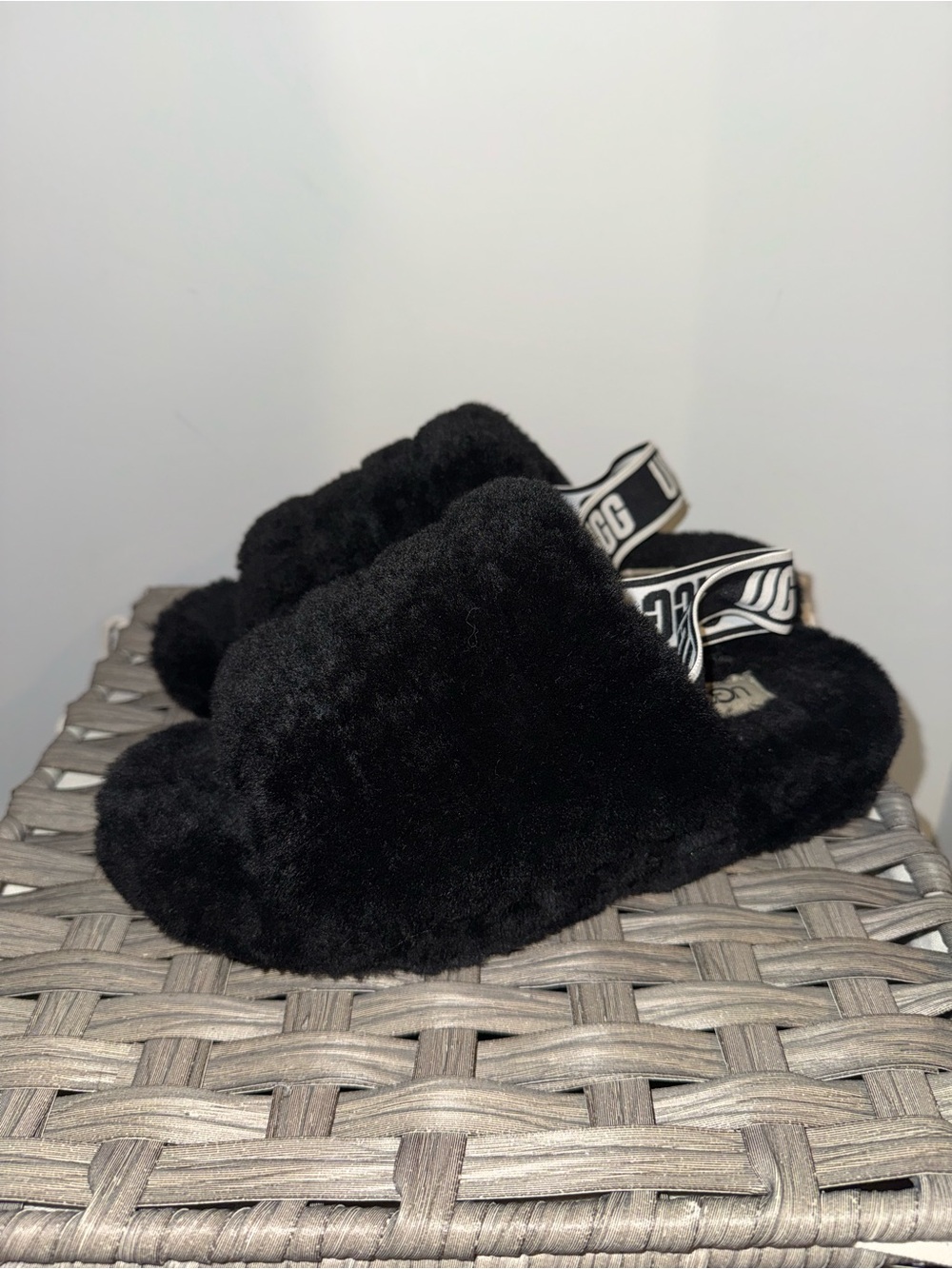 UGG Black Fuzzy Slide Sandals with Branded Elastic Back Strap
